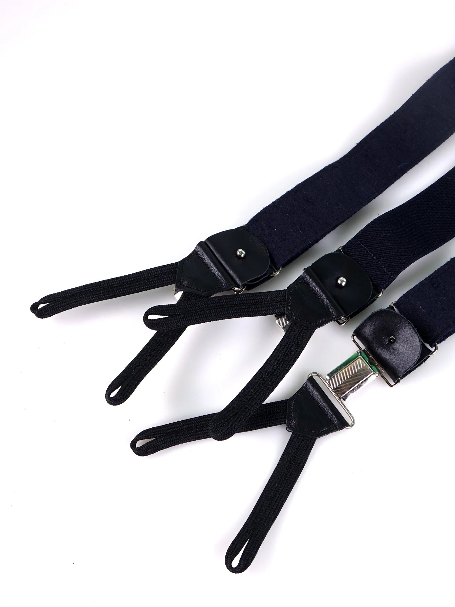 Bretelle a Y in seta shantung blu scuro